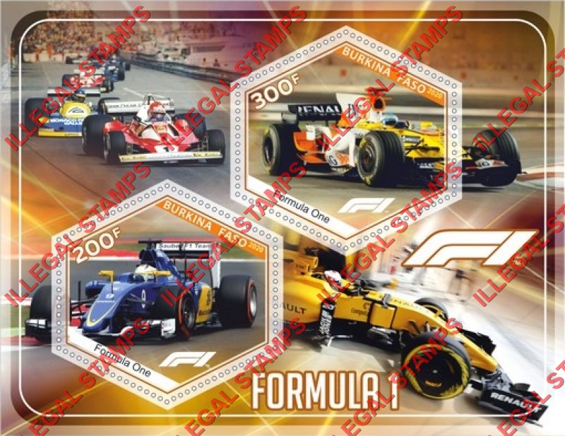 Burkina Faso 2020 Formula I Race Cars Illegal Stamp Souvenir Sheet of 2 Burkina Faso 2020 Formula I Race Cars Illegal Stamp Souvenir Sheet of 2