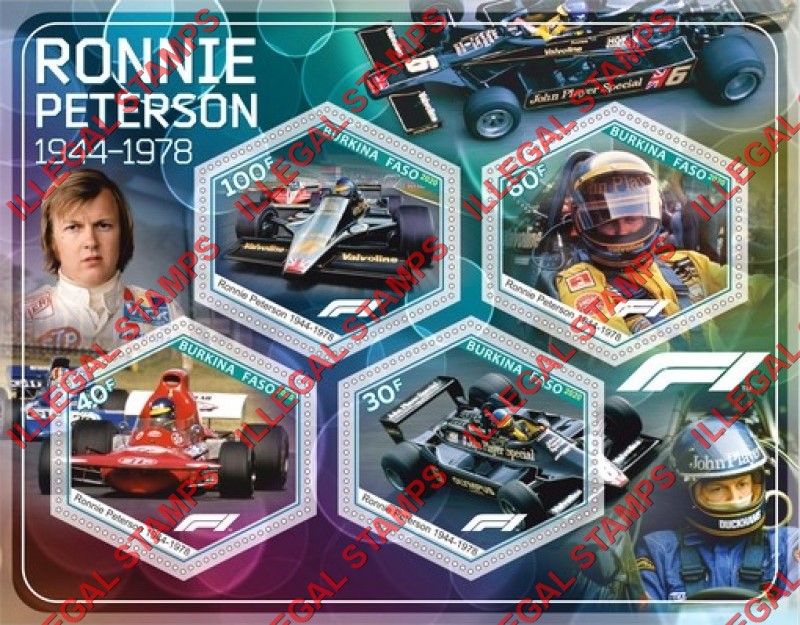 Burkina Faso 2020 Formula I Ronnie Peterson Illegal Stamp Souvenir Sheet of 4 Burkina Faso 2020 Formula I Ronnie Peterson Illegal Stamp Souvenir Sheet of 4