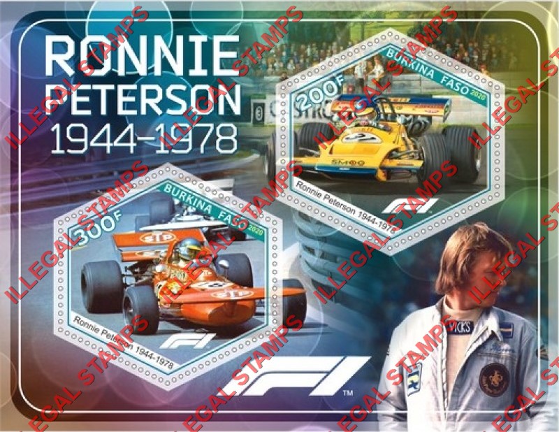 Burkina Faso 2020 Formula I Ronnie Peterson Illegal Stamp Souvenir Sheet of 2 Burkina Faso 2020 Formula I Ronnie Peterson Illegal Stamp Souvenir Sheet of 2
