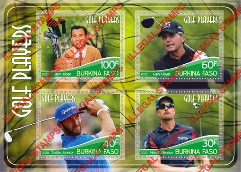 Burkina Faso 2020 Golf Players (different) Illegal Stamp Souvenir Sheet of 4 Burkina Faso 2020 Golf Players (different) Illegal Stamp Souvenir Sheet of 4