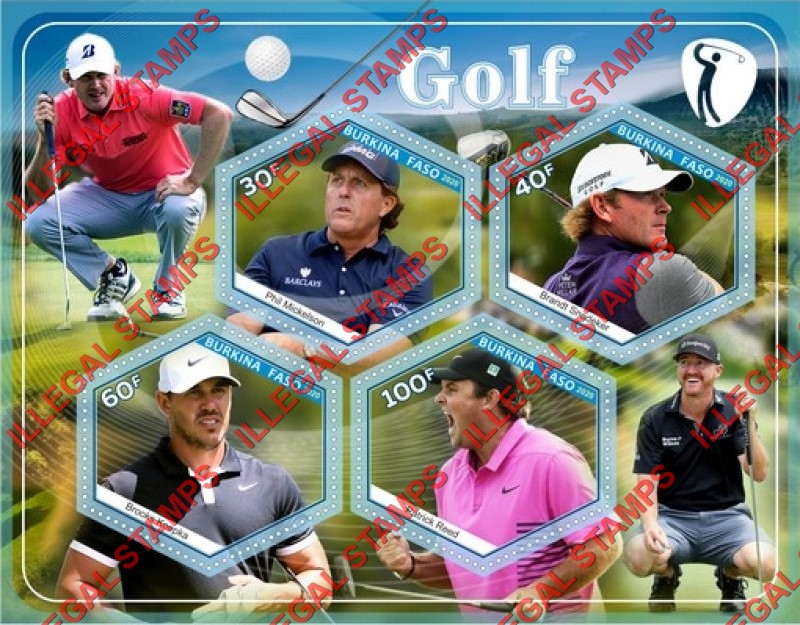 Burkina Faso 2020 Golf Players Illegal Stamp Souvenir Sheet of 4 Burkina Faso 2020 Golf Players Illegal Stamp Souvenir Sheet of 4