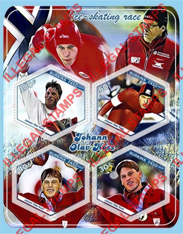 Burkina Faso 2020 Ice-skating Race Johann Olav Koss Illegal Stamp Souvenir Sheet of 4 Burkina Faso 2020 Ice-skating Race Johann Olav Koss Illegal Stamp Souvenir Sheet of 4