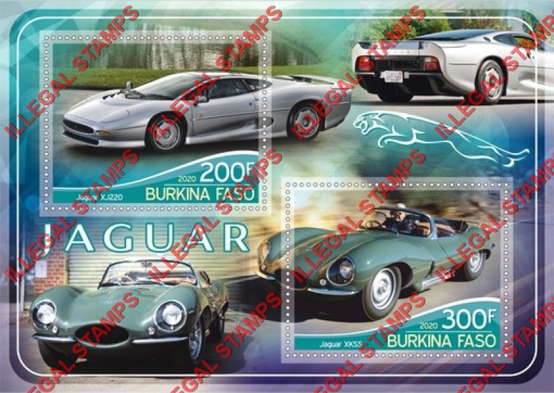 Burkina Faso 2020 Jaguar Cars Illegal Stamp Souvenir Sheet of 2 Burkina Faso 2020 Jaguar Cars Illegal Stamp Souvenir Sheet of 2