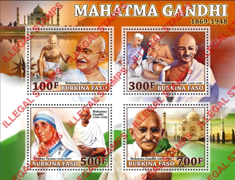 Burkina Faso 2020 Mahatma Gandhi Illegal Stamp Souvenir Sheet of 4 Burkina Faso 2020 Mahatma Gandhi Illegal Stamp Souvenir Sheet of 4