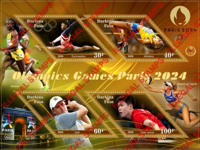Burkina Faso 2020 Olympic Games in Paris in 2024 Illegal Stamp Souvenir Sheet of 4 Burkina Faso 2020 Olympic Games in Paris in 2024 Illegal Stamp Souvenir Sheet of 4