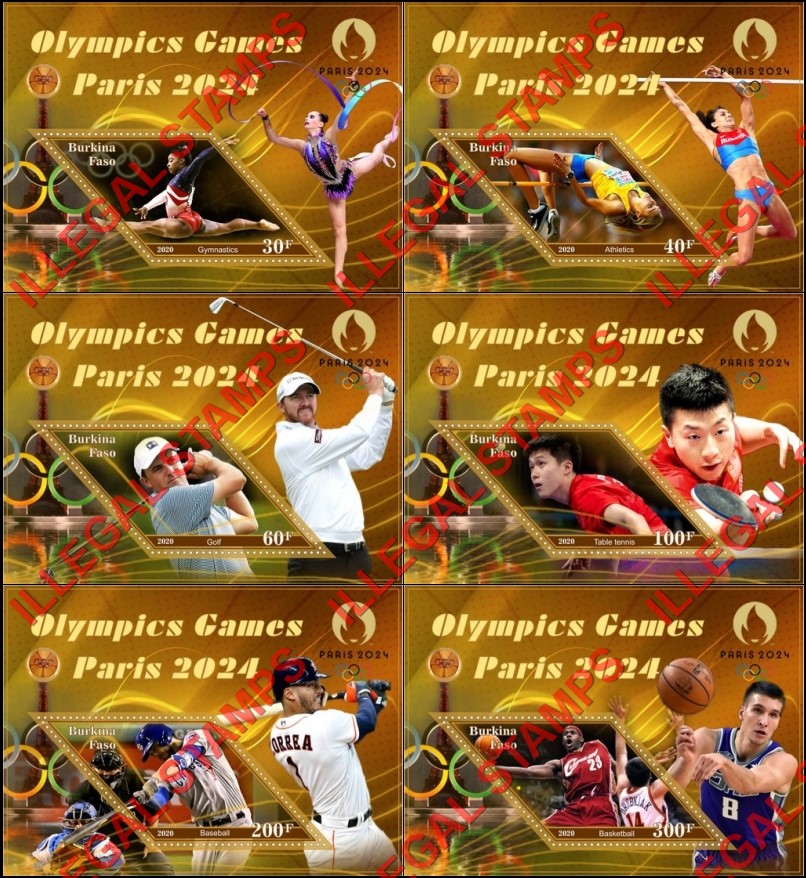 Burkina Faso 2020 Olympic Games in Paris in 2024 Illegal Stamp Souvenir Sheets of 1 Burkina Faso 2020 Olympic Games in Paris in 2024 Illegal Stamp Souvenir Sheets of 1
