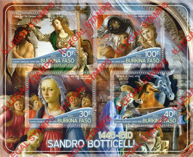 Burkina Faso 2020 Paintings by Sandro Botticelli Illegal Stamp Souvenir Sheet of 4 Burkina Faso 2020 Paintings by Sandro Botticelli Illegal Stamp Souvenir Sheet of 4