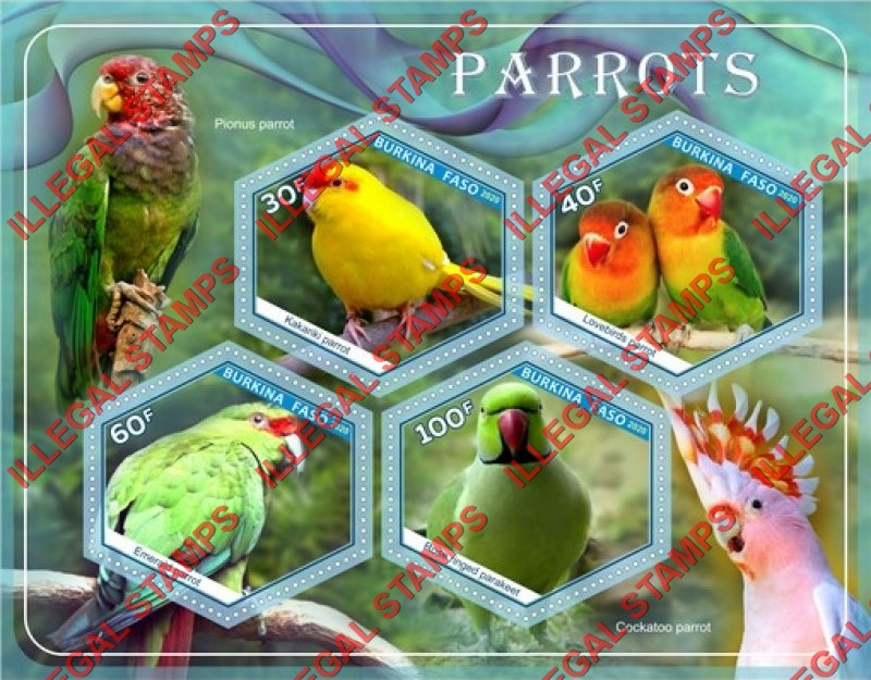 Burkina Faso 2020 Parrots (different) Illegal Stamp Souvenir Sheet of 4 Burkina Faso 2020 Parrots (different) Illegal Stamp Souvenir Sheet of 4