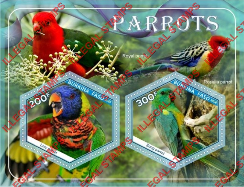 Burkina Faso 2020 Parrots (different) Illegal Stamp Souvenir Sheet of 2 Burkina Faso 2020 Parrots (different) Illegal Stamp Souvenir Sheet of 2