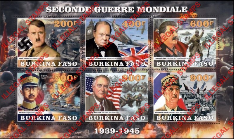 Burkina Faso 2020 Second World War Leaders Illegal Stamp Souvenir Sheet of 6 Burkina Faso 2020 Second World War Leaders Illegal Stamp Souvenir Sheet of 6