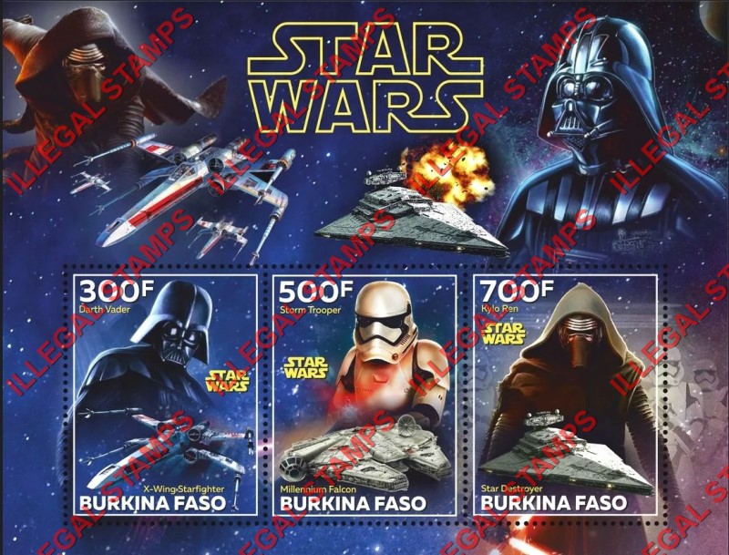 Burkina Faso 2020 Star Wars Illegal Stamp Souvenir Sheet of 3 Burkina Faso 2020 Star Wars Illegal Stamp Souvenir Sheet of 3