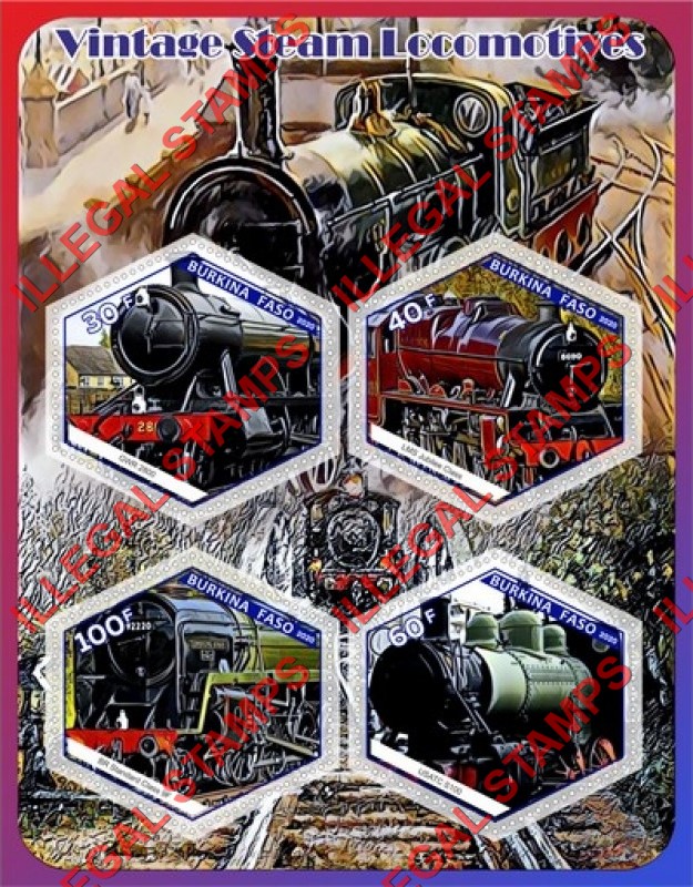 Burkina Faso 2020 Vintage Steam Locomotives Illegal Stamp Souvenir Sheet of 4 Burkina Faso 2020 Vintage Steam Locomotives Illegal Stamp Souvenir Sheet of 4
