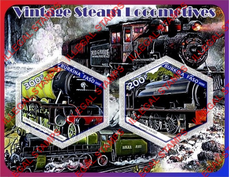 Burkina Faso 2020 Vintage Steam Locomotives Illegal Stamp Souvenir Sheet of 2 Burkina Faso 2020 Vintage Steam Locomotives Illegal Stamp Souvenir Sheet of 2