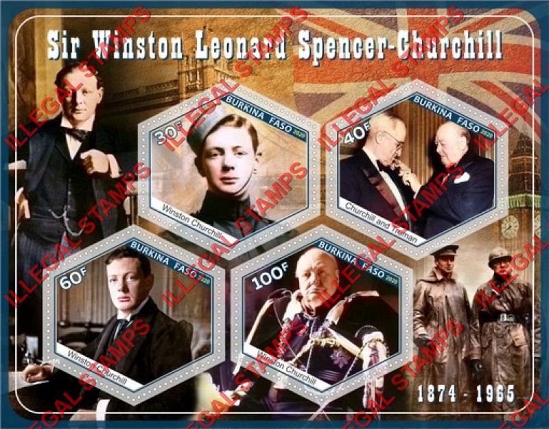 Burkina Faso 2020 Winston Churchill Illegal Stamp Souvenir Sheet of 4 Burkina Faso 2020 Winston Churchill Illegal Stamp Souvenir Sheet of 4