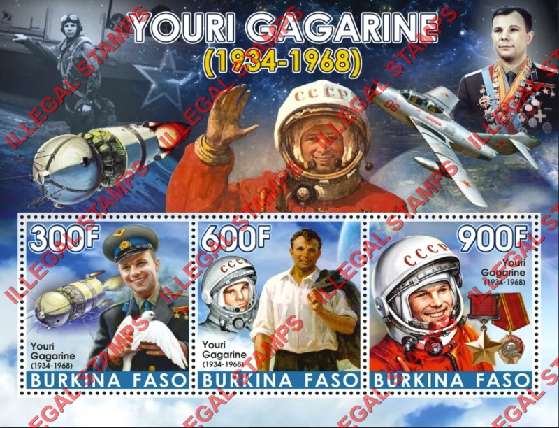 Burkina Faso 2020 Yuri Gagarine Spelled Youri Gagarine Illegal Stamp Souvenir Sheet of 3 Burkina Faso 2020 Yuri Gagarine Spelled Youri Gagarine Illegal Stamp Souvenir Sheet of 3