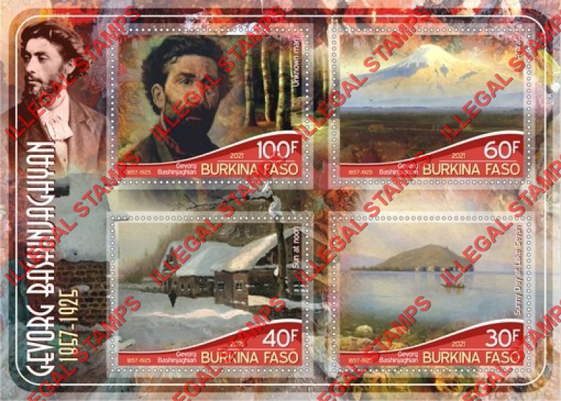 Burkina Faso 2021 Paintings by Gevorg Bashinjaghyan Illegal Stamp Souvenir Sheet of 4 Burkina Faso 2021 Paintings by Gevorg Bashinjaghyan Illegal Stamp Souvenir Sheet of 4