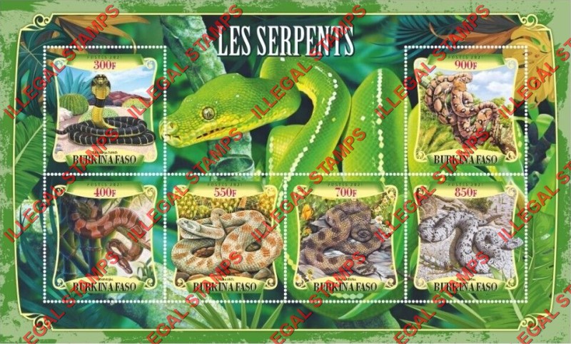 Burkina Faso 2021 Snakes Illegal Stamp Souvenir Sheet of 6 Burkina Faso 2021 Snakes Illegal Stamp Souvenir Sheet of 6
