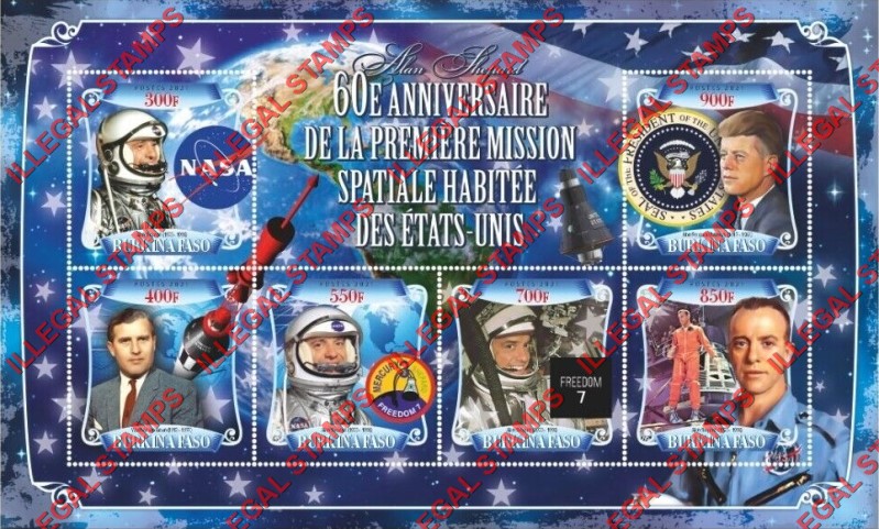 Burkina Faso 2021 Space 60th Anniversary of the USA's First Manned Space Mission Illegal Stamp Souvenir Sheet of 6 Burkina Faso 2021 Space 60th Anniversary of the USA's First Manned Space Mission Illegal Stamp Souvenir Sheet of 6