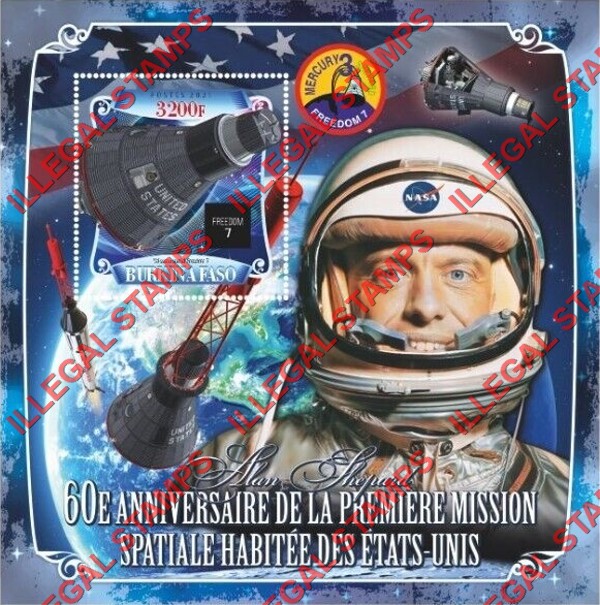 Burkina Faso 2021 Space 60th Anniversary of the USA's First Manned Space Mission Illegal Stamp Souvenir Sheet of 1 Burkina Faso 2021 Space 60th Anniversary of the USA's First Manned Space Mission Illegal Stamp Souvenir Sheet of 1