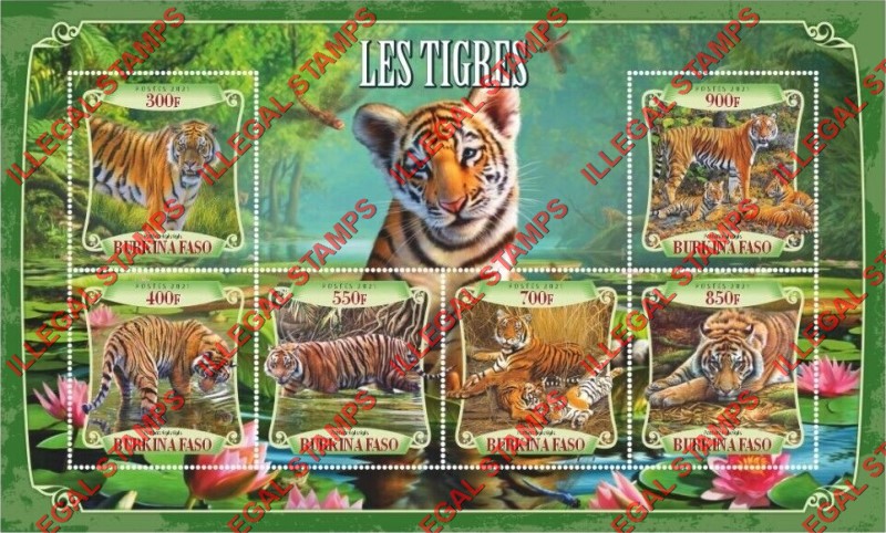 Burkina Faso 2021 Tigers Illegal Stamp Souvenir Sheet of 6 Burkina Faso 2021 Tigers Illegal Stamp Souvenir Sheet of 6