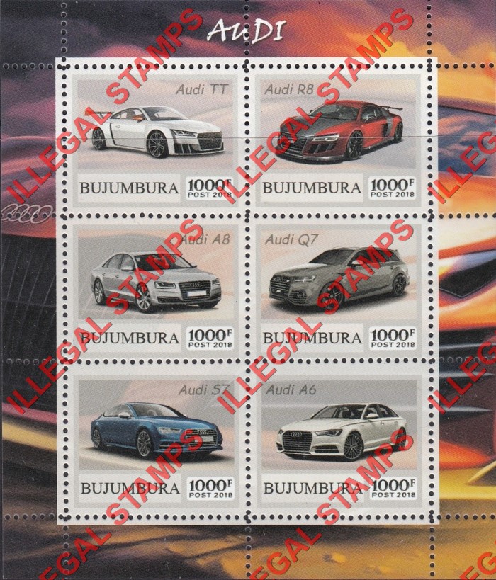 Bujumbura 2018 Cars Audi Counterfeit Illegal Stamp Souvenir Sheet of 6 Bujumbura 2018 Cars Audi Counterfeit Illegal Stamp Souvenir Sheet of 6