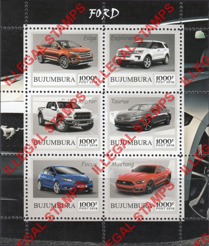 Bujumbura 2018 Cars Ford Counterfeit Illegal Stamp Souvenir Sheet of 6 Bujumbura 2018 Cars Ford Counterfeit Illegal Stamp Souvenir Sheet of 6