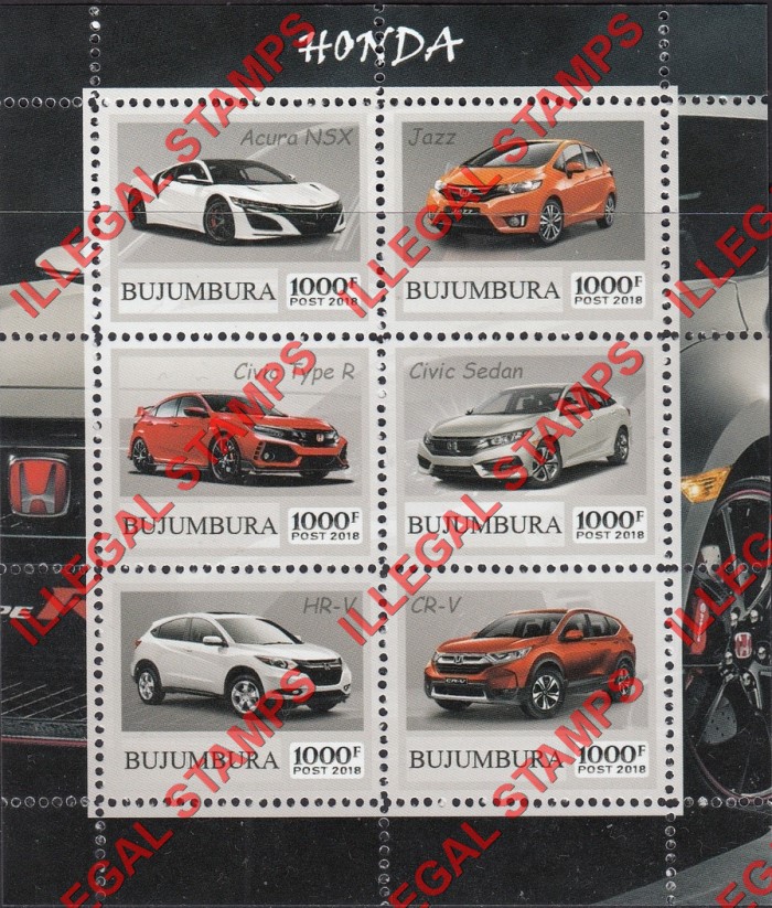 Bujumbura 2018 Cars Honda Counterfeit Illegal Stamp Souvenir Sheet of 6 Bujumbura 2018 Cars Honda Counterfeit Illegal Stamp Souvenir Sheet of 6