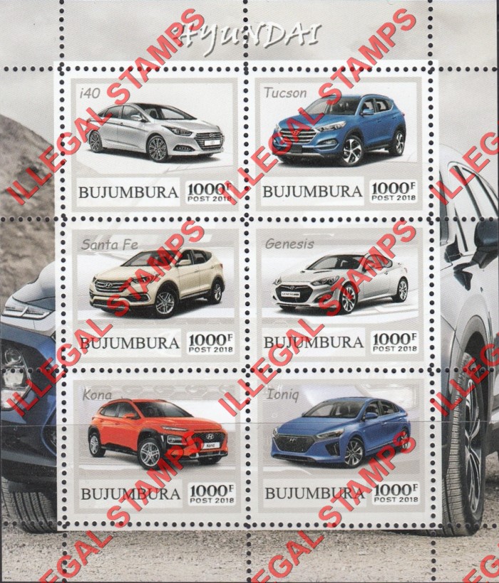 Bujumbura 2018 Cars Hyundai Counterfeit Illegal Stamp Souvenir Sheet of 6 Bujumbura 2018 Cars Hyundai Counterfeit Illegal Stamp Souvenir Sheet of 6