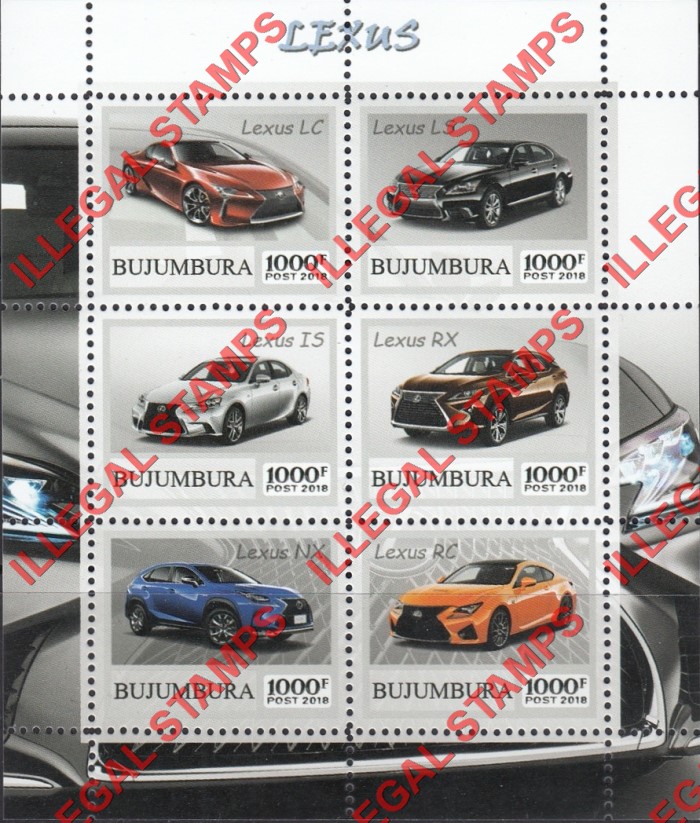 Bujumbura 2018 Cars Lexus Counterfeit Illegal Stamp Souvenir Sheet of 6 Bujumbura 2018 Cars Lexus Counterfeit Illegal Stamp Souvenir Sheet of 6