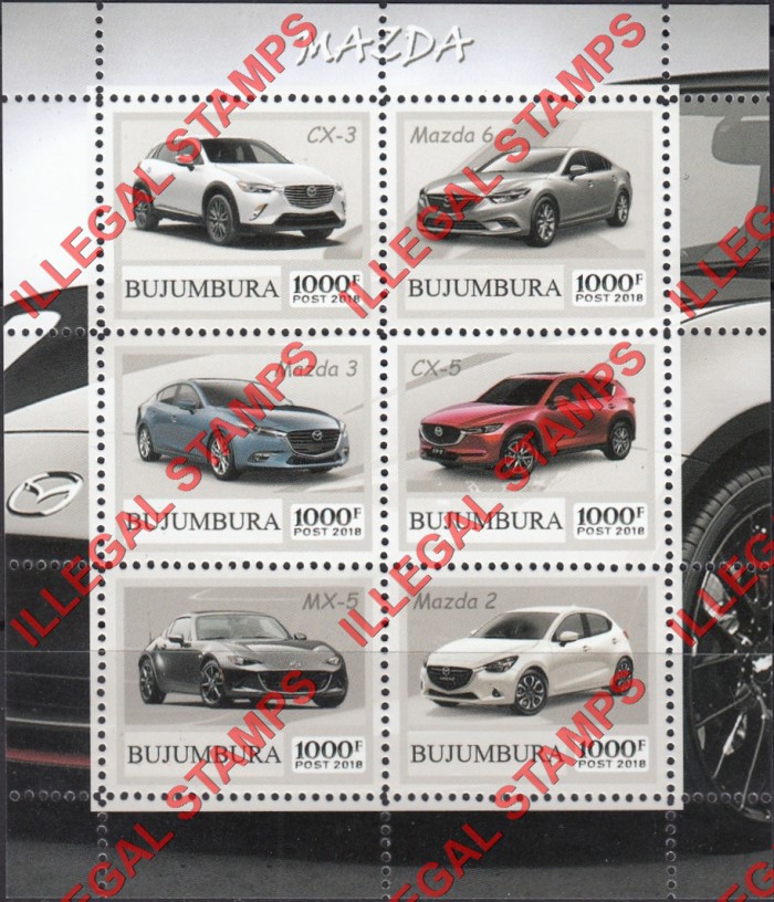 Bujumbura 2018 Cars Mazda Counterfeit Illegal Stamp Souvenir Sheet of 6 Bujumbura 2018 Cars Mazda Counterfeit Illegal Stamp Souvenir Sheet of 6