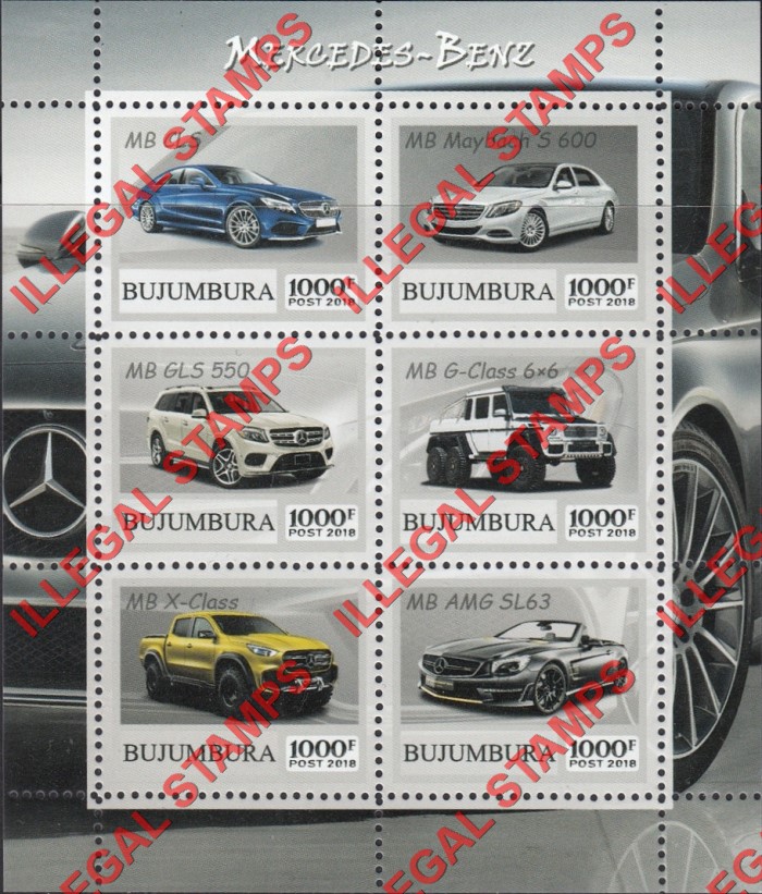 Bujumbura 2018 Cars Mercedes-Benz Counterfeit Illegal Stamp Souvenir Sheet of 6 Bujumbura 2018 Cars Mercedes-Benz Counterfeit Illegal Stamp Souvenir Sheet of 6