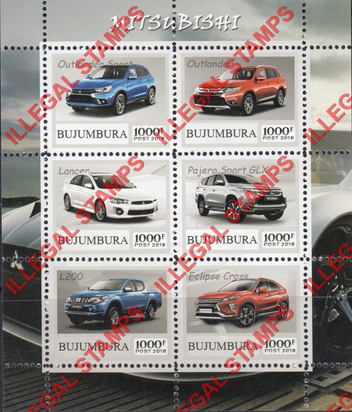 Bujumbura 2018 Cars Mitsubishi Counterfeit Illegal Stamp Souvenir Sheet of 6 Bujumbura 2018 Cars Mitsubishi Counterfeit Illegal Stamp Souvenir Sheet of 6