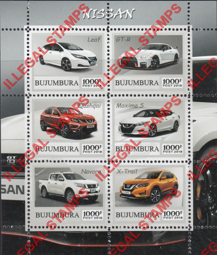 Bujumbura 2018 Cars Nissan Counterfeit Illegal Stamp Souvenir Sheet of 6 Bujumbura 2018 Cars Nissan Counterfeit Illegal Stamp Souvenir Sheet of 6