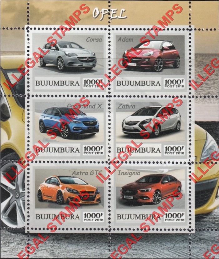 Bujumbura 2018 Cars Opel Counterfeit Illegal Stamp Souvenir Sheet of 6 Bujumbura 2018 Cars Opel Counterfeit Illegal Stamp Souvenir Sheet of 6