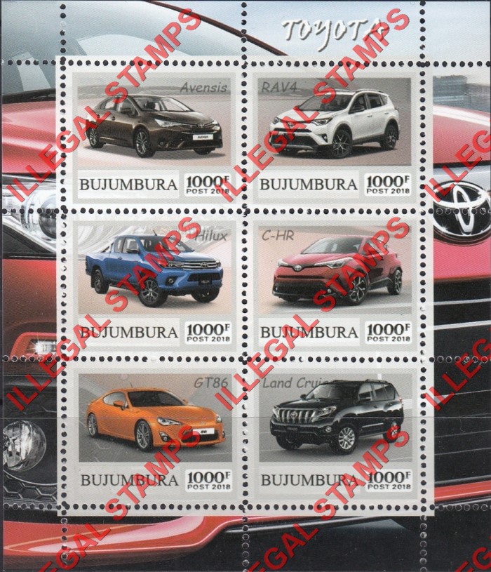 Bujumbura 2018 Cars Toyota Counterfeit Illegal Stamp Souvenir Sheet of 6 Bujumbura 2018 Cars Toyota Counterfeit Illegal Stamp Souvenir Sheet of 6