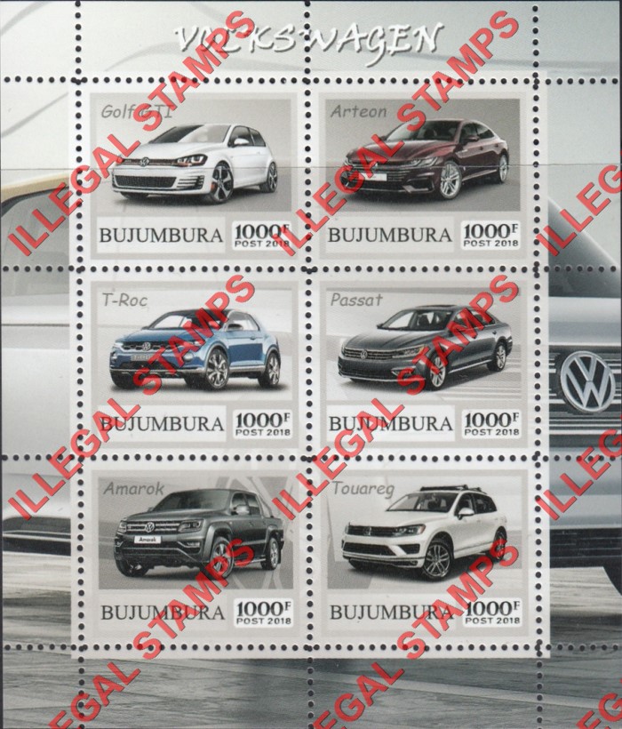 Bujumbura 2018 Cars Volkswagen Counterfeit Illegal Stamp Souvenir Sheet of 6 Bujumbura 2018 Cars Volkswagen Counterfeit Illegal Stamp Souvenir Sheet of 6