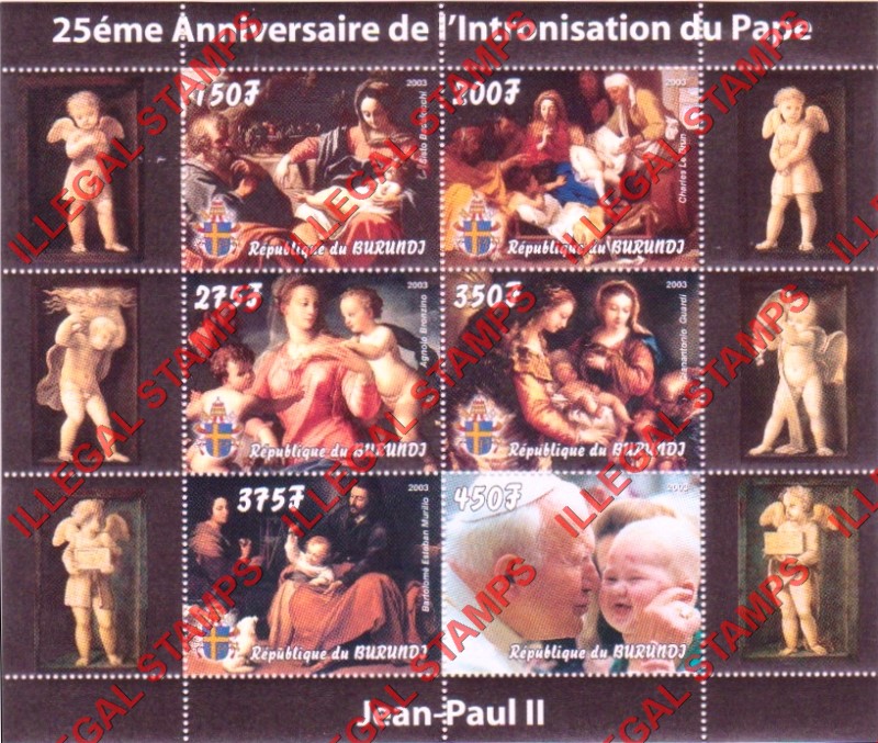 Burundi 2003 Pope John Paul II Counterfeit Illegal Stamp Souvenir Sheet of 6 (Sheet 1) Burundi 2003 Pope John Paul II Counterfeit Illegal Stamp Souvenir Sheet of 6 (Sheet 1)