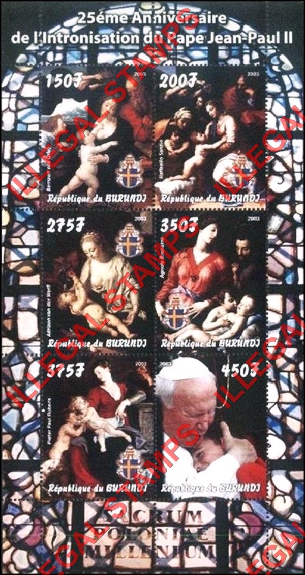 Burundi 2003 Pope John Paul II Counterfeit Illegal Stamp Souvenir Sheet of 6 (Sheet 2) Burundi 2003 Pope John Paul II Counterfeit Illegal Stamp Souvenir Sheet of 6 (Sheet 2)