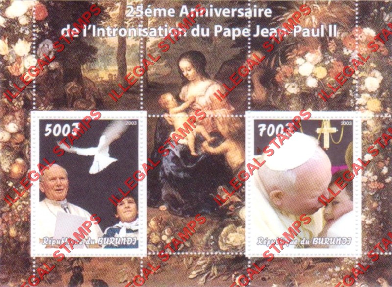 Burundi 2003 Pope John Paul II Counterfeit Illegal Stamp Souvenir Sheet of 2 Burundi 2003 Pope John Paul II Counterfeit Illegal Stamp Souvenir Sheet of 2