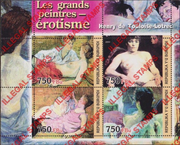 Burundi 2004 Paintings by Henry de Touloise-Lotrec Counterfeit Illegal Stamp Souvenir Sheet of 4 Burundi 2004 Paintings by Henry de Touloise-Lotrec Counterfeit Illegal Stamp Souvenir Sheet of 4