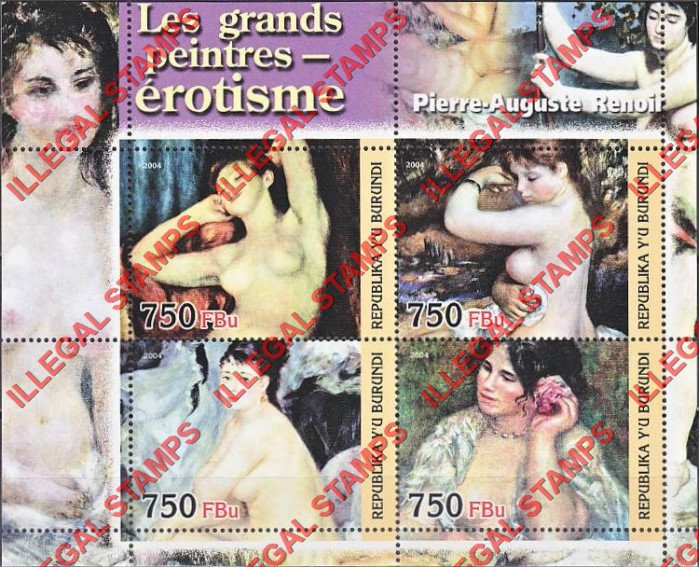 Burundi 2004 Paintings by Pierre-Augusta Renoir Counterfeit Illegal Stamp Souvenir Sheet of 4 Burundi 2004 Paintings by Pierre-Augusta Renoir Counterfeit Illegal Stamp Souvenir Sheet of 4