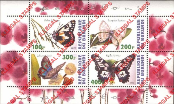 Burundi 2009 Butterflies Counterfeit Illegal Stamp Souvenir Sheet of 4 Burundi 2009 Butterflies Counterfeit Illegal Stamp Souvenir Sheet of 4