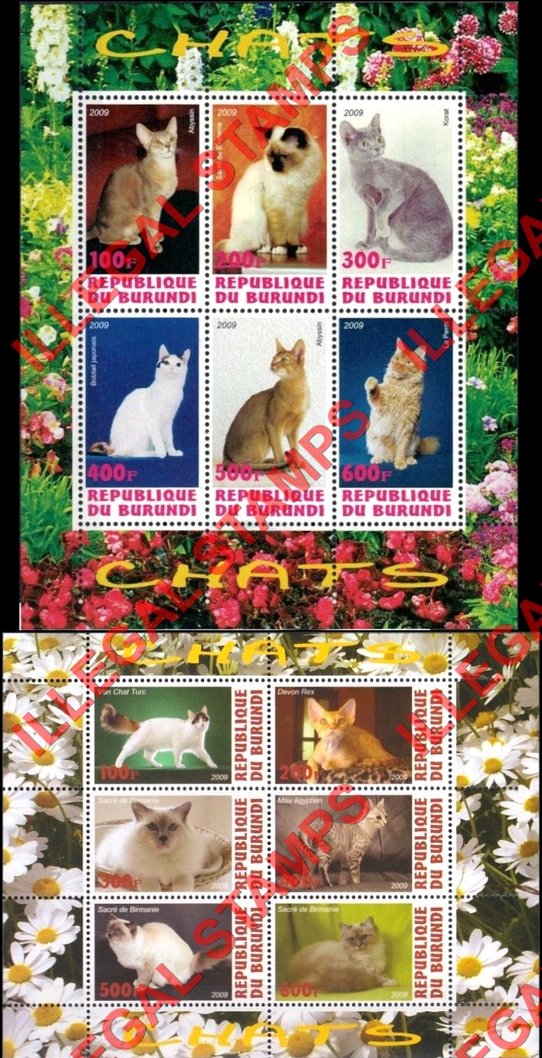 Burundi 2009 Cats Counterfeit Illegal Stamp Souvenir Sheets of 6 Burundi 2009 Cats Counterfeit Illegal Stamp Souvenir Sheets of 6