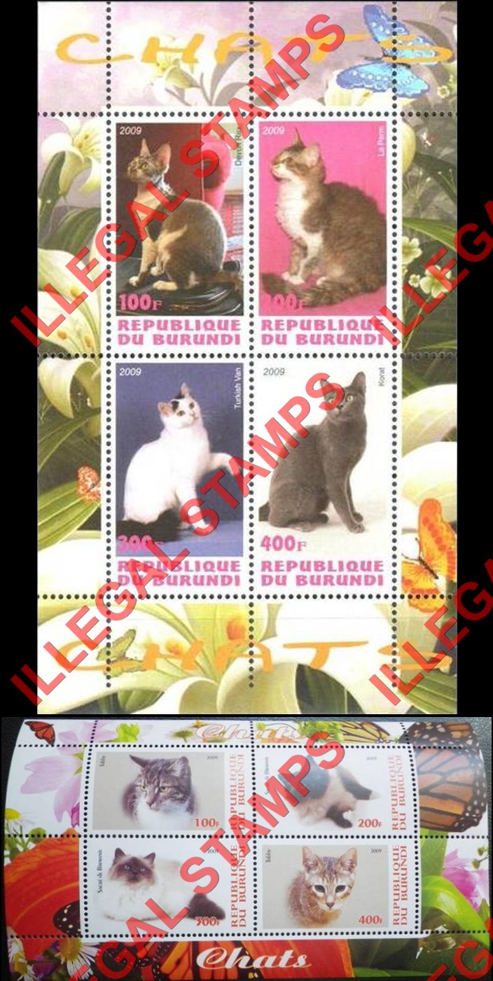 Burundi 2009 Cats Counterfeit Illegal Stamp Souvenir Sheets of 4 Burundi 2009 Cats Counterfeit Illegal Stamp Souvenir Sheets of 4