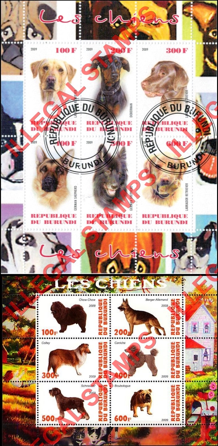 Burundi 2009 Dogs Counterfeit Illegal Stamp Souvenir Sheets of 6 (Part 1) Burundi 2009 Dogs Counterfeit Illegal Stamp Souvenir Sheets of 6 (Part 1)