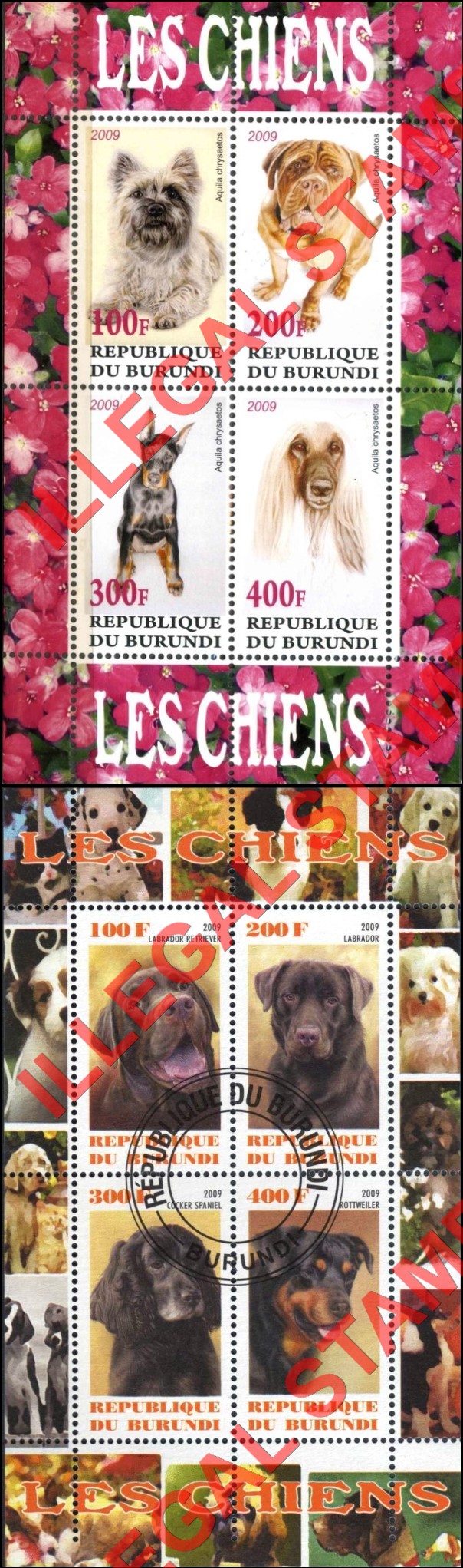 Burundi 2009 Dogs Counterfeit Illegal Stamp Souvenir Sheets of 4 (Part 1) Burundi 2009 Dogs Counterfeit Illegal Stamp Souvenir Sheets of 4 (Part 1)