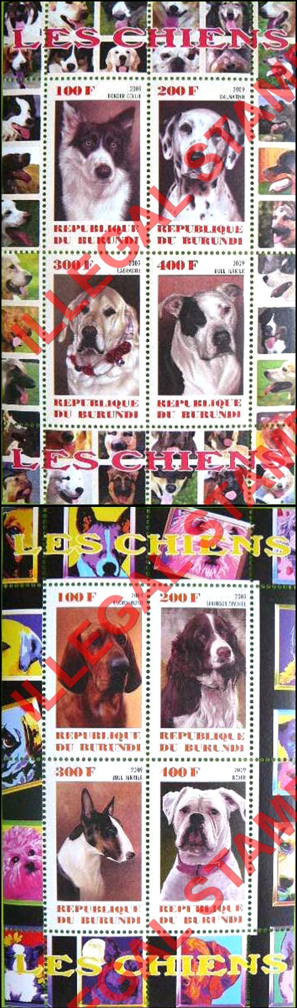 Burundi 2009 Dogs Counterfeit Illegal Stamp Souvenir Sheets of 4 (Part 2) Burundi 2009 Dogs Counterfeit Illegal Stamp Souvenir Sheets of 4 (Part 2)