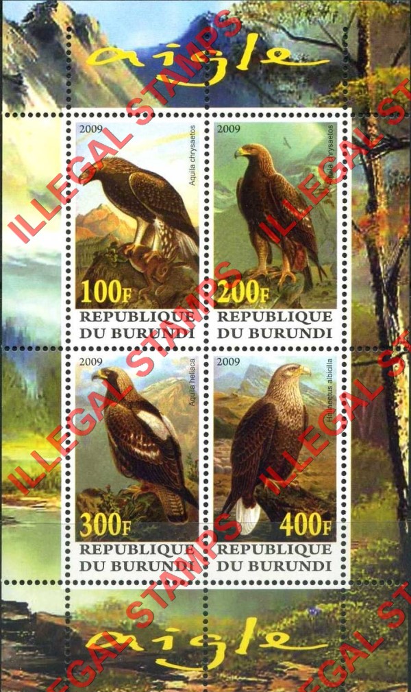 Burundi 2009 Eagles Counterfeit Illegal Stamp Souvenir Sheet of 4 Burundi 2009 Eagles Counterfeit Illegal Stamp Souvenir Sheet of 4