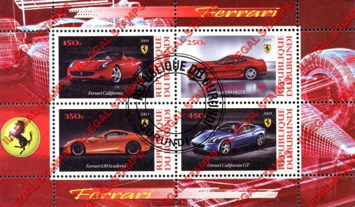 Burundi 2009 Ferrari Counterfeit Illegal Stamp Souvenir Sheet of 4 Burundi 2009 Ferrari Counterfeit Illegal Stamp Souvenir Sheet of 4
