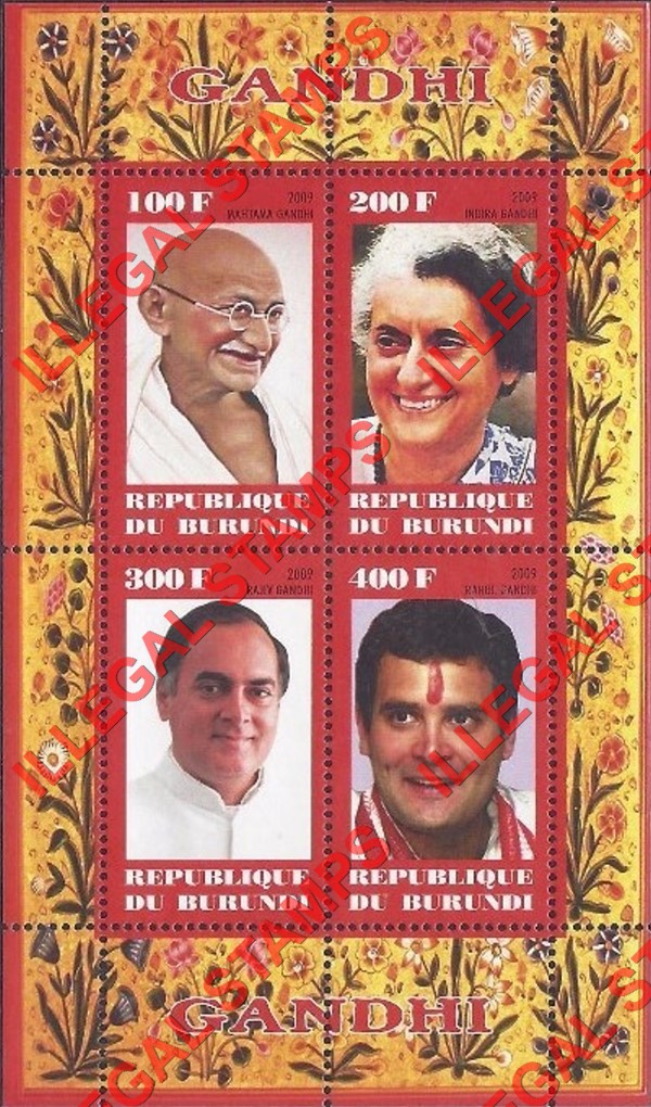 Burundi 2009 Gandhi Counterfeit Illegal Stamp Souvenir Sheet of 4 Burundi 2009 Gandhi Counterfeit Illegal Stamp Souvenir Sheet of 4
